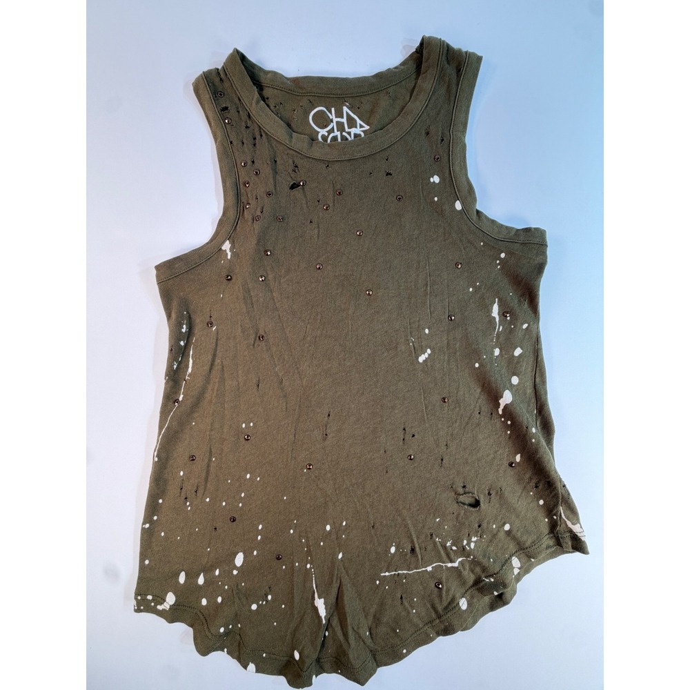 Chaser Womens XS Olive Green Distressed Studded Paint Splatter Tank Top